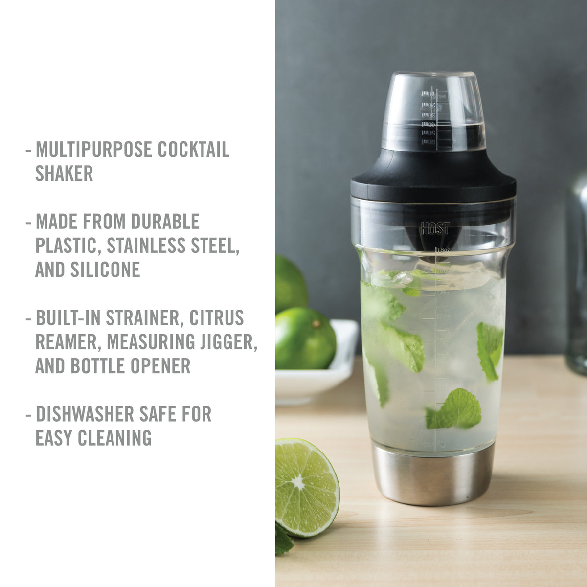 HOST All in One Cocktail Shaker Set, 5 in 1 Tool - Jigger Cap, Strainer,  Reamer, Stainless Steel Bottle Opener and Oz and mL Markers 18 Oz Capacity  - Multitool Bartending Mixer for Drinks – Host
