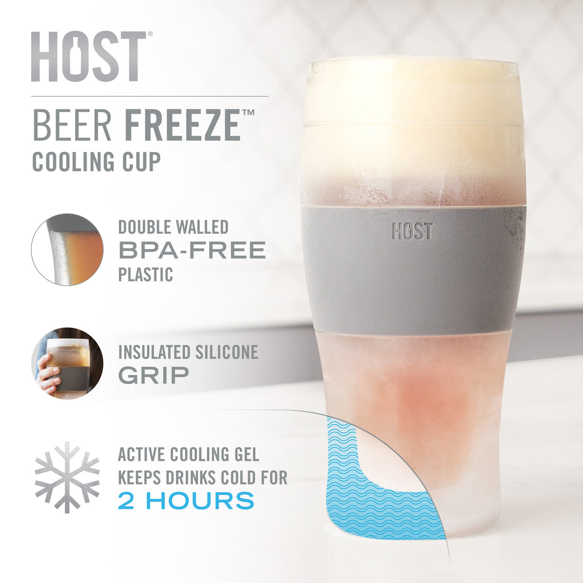 Host Freeze Beer Glasses - Double Wall Plastic Frozen Pint Glass, Wood 