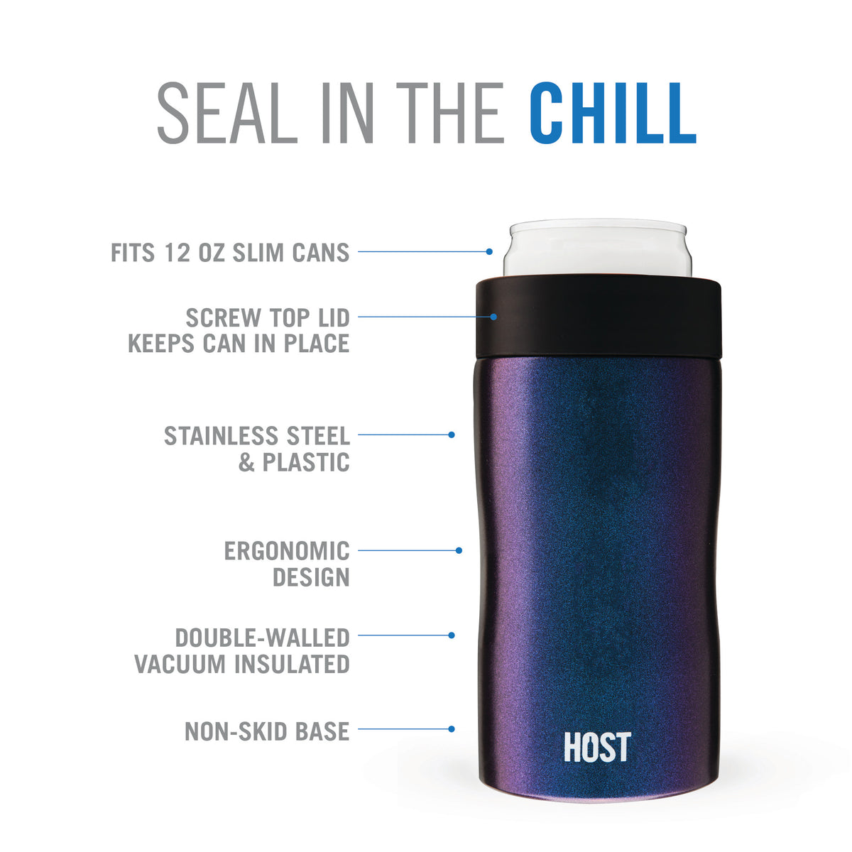 HOST Stay-Chill Beer Cozy Insulated Can Cooler Tumbler - Double Walled  Stainless Steel Beer Can Insulator Holder for Slim Sized Cans - Space Gray