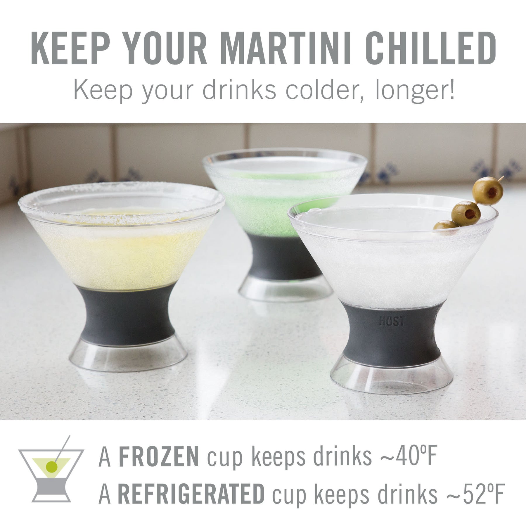 HOST Freeze Insulated Martini Cooling Cups, Plastic Freezer Gel Chiller  Double Wall Stemless Cocktail Glass Set of 2, 9 oz, Grey – Host